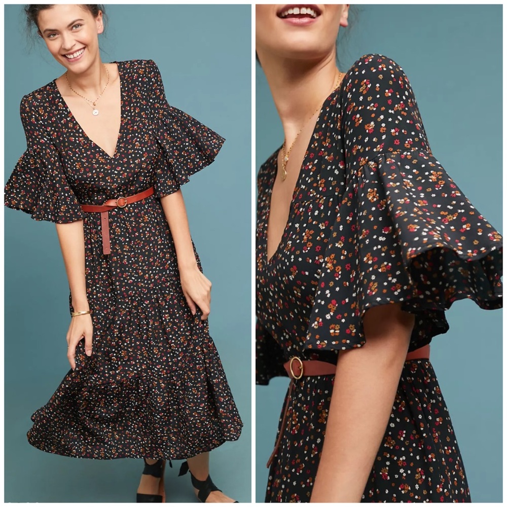 Faithfull The Brand Melia Midi Dress Ditsy Floral La Contrie Print Black Size XS